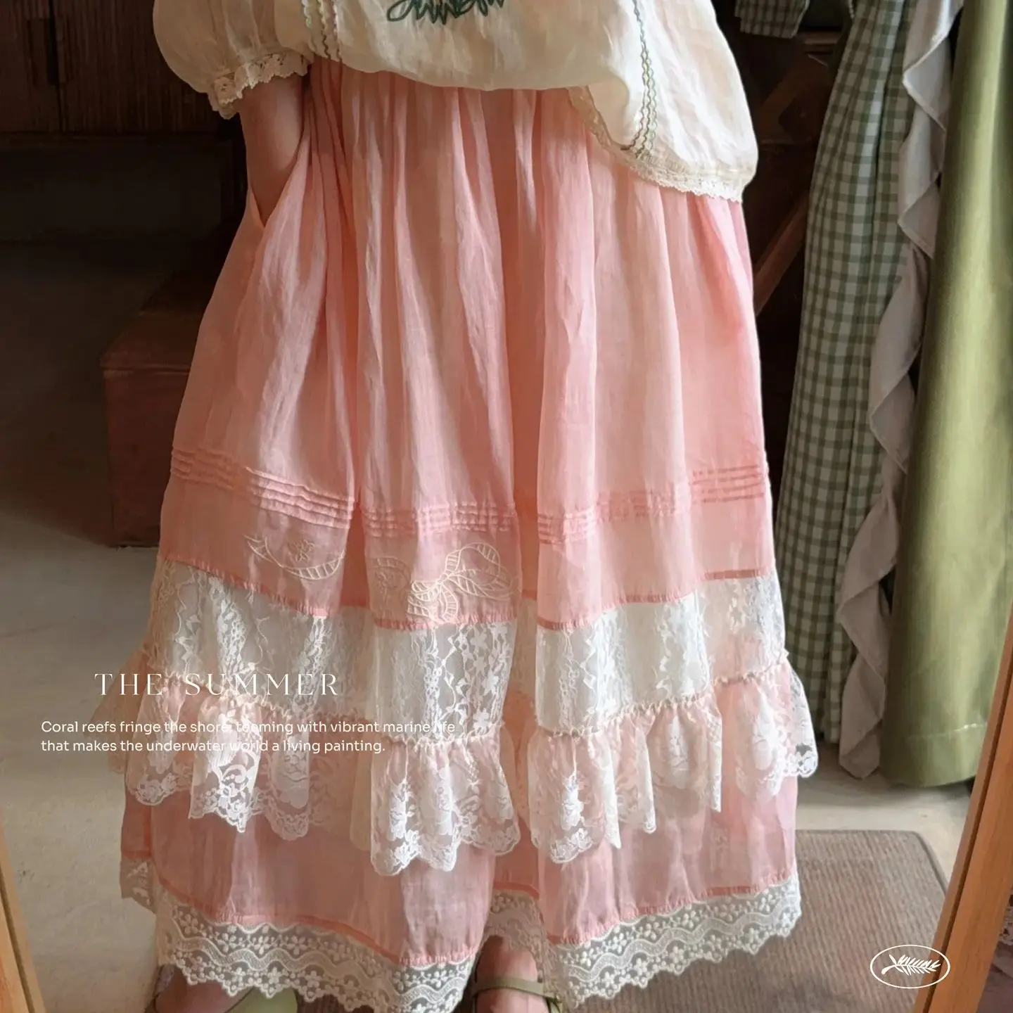 

TIYIHAILEY Ramie Long Mid-Calf Pink Skirts Elastic Waist A Line Spring and Summer Ladies Lace Patchwork Japanese 2026 New