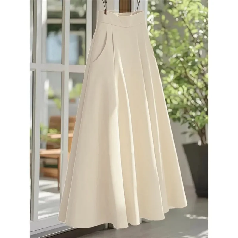 กระโปรงยาวทรงเอวสูงสีพื้นสำหรับผู้หญิงฤดูร้อน กระโปรงยาวลำลองสำหรับผู้หญิงระดับไฮเอนด์ แฟชั่นสไตล์ฝรั่งเศสปี 2025 กระโปรงยาวทรงแม็กซี่เนื้อบาง