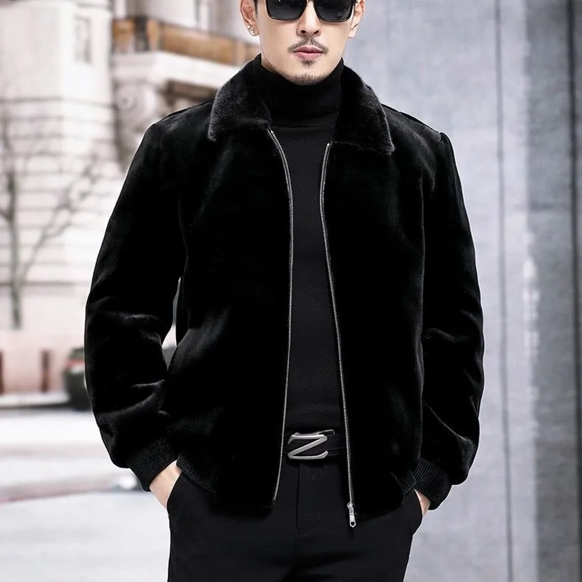 Korean Men Whole Mink Jackets Business Casual Lapel Coats Fashion Imitation Fur Slim Hooded Outerwear Male Winter New Clothes