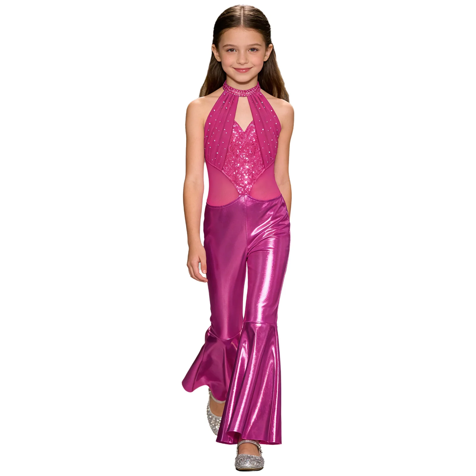 Girls Metallic Flared Pants Jumpsuit Halter Party Rompers Sleeveless Sequins 60s 70s Disco Jazz Dance Flares Birthday Costume image 3