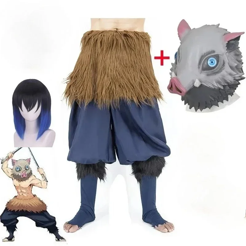 Anime Demon Slayer Kimetsu no Yaiba Hashibira Inosuke Cosplay disfraz cerdo máscara de silicona cabeza de jabalí máscara calcetines negros sandalias