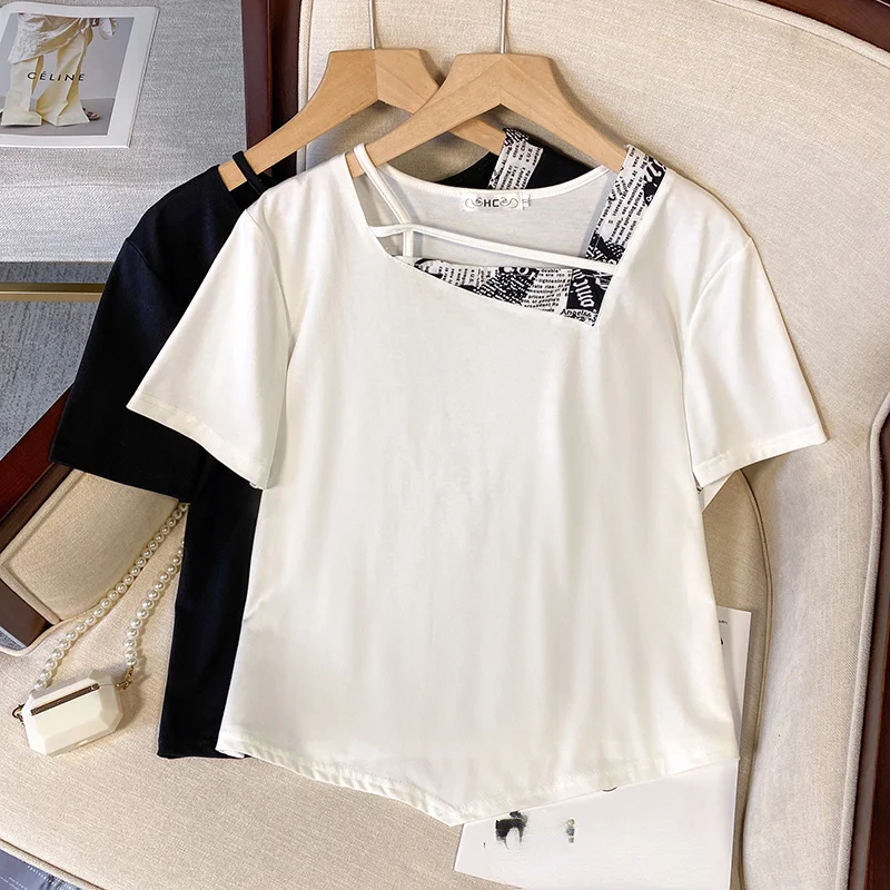 XL-4XL Large Size Clothing Summer T-shirt For Women Loose Short-sleeve Oversize Tops Patchwork Irregular Splice Cotton Tshirt