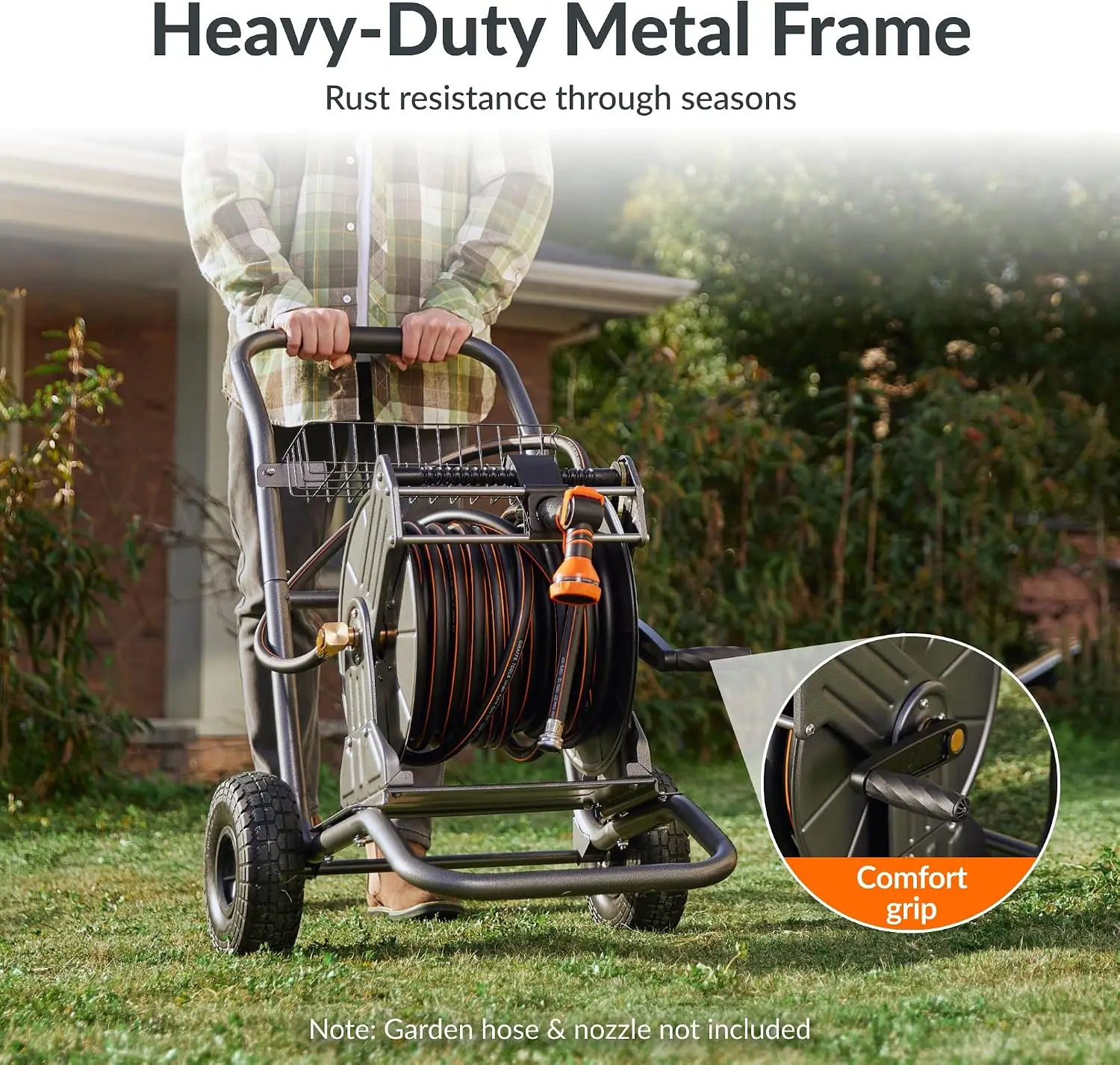 Heavy Duty Mobile Metal Water Hose Reel Cart With Wheels Holds 200 Ft 1 2 Capacity Outside