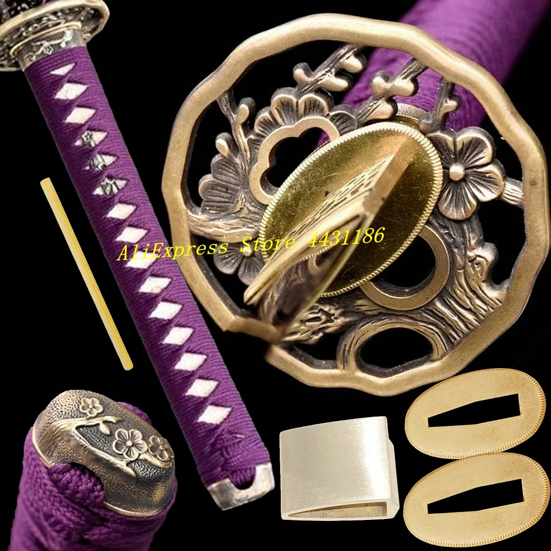 

A Set Cherry Blossom Tsuba Real Ray Skin Handle Brass Menuki Fuchi Kashira Habaki Seppa Japanese Sword Samurai Katana Fittings