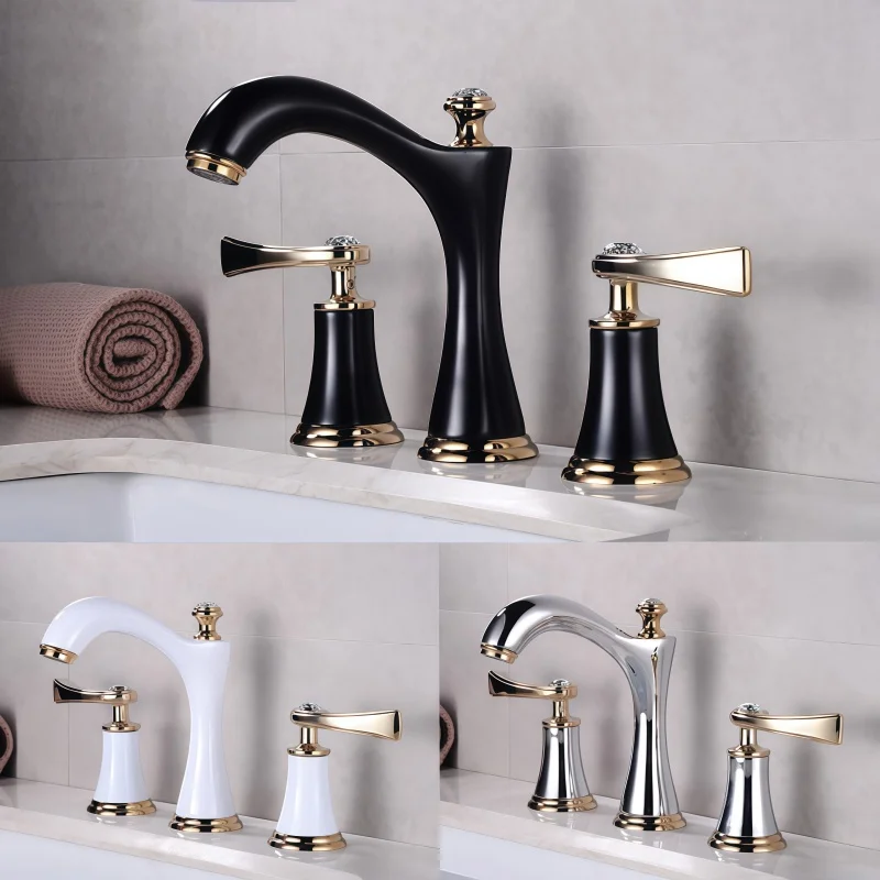 European Style Basin Faucet Hot and Cold Water Dual Handle Three-Hole Split Basin Faucet Three-Piece Set White