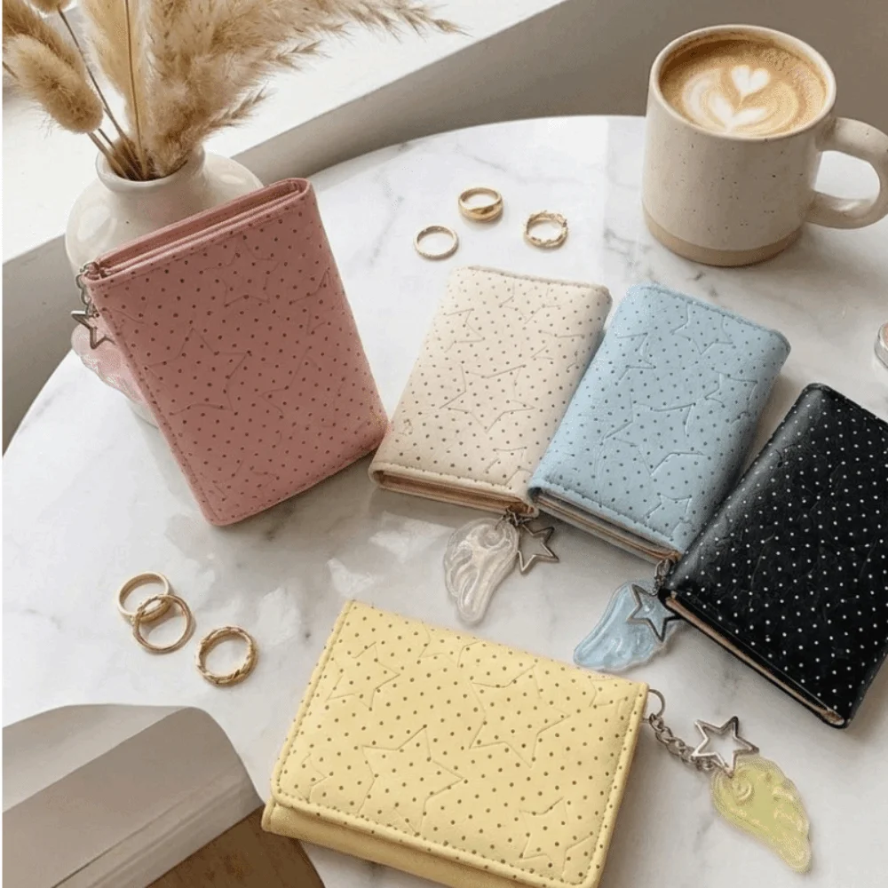 Classic PU Leather Polka Dot Trifold Wallet Star Wing Pendant Lightweight Coin Purse ID Window 5 Card Slots Mini Wallet Girls