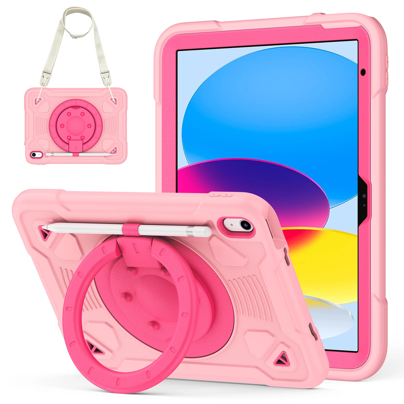 Rotating Handle Grip Case for iPad A16 2025 11th 10.9 2022 10th 10.2 7th 8th 9th Gen Stand Cover With Shoulder Strap PC-Silicone