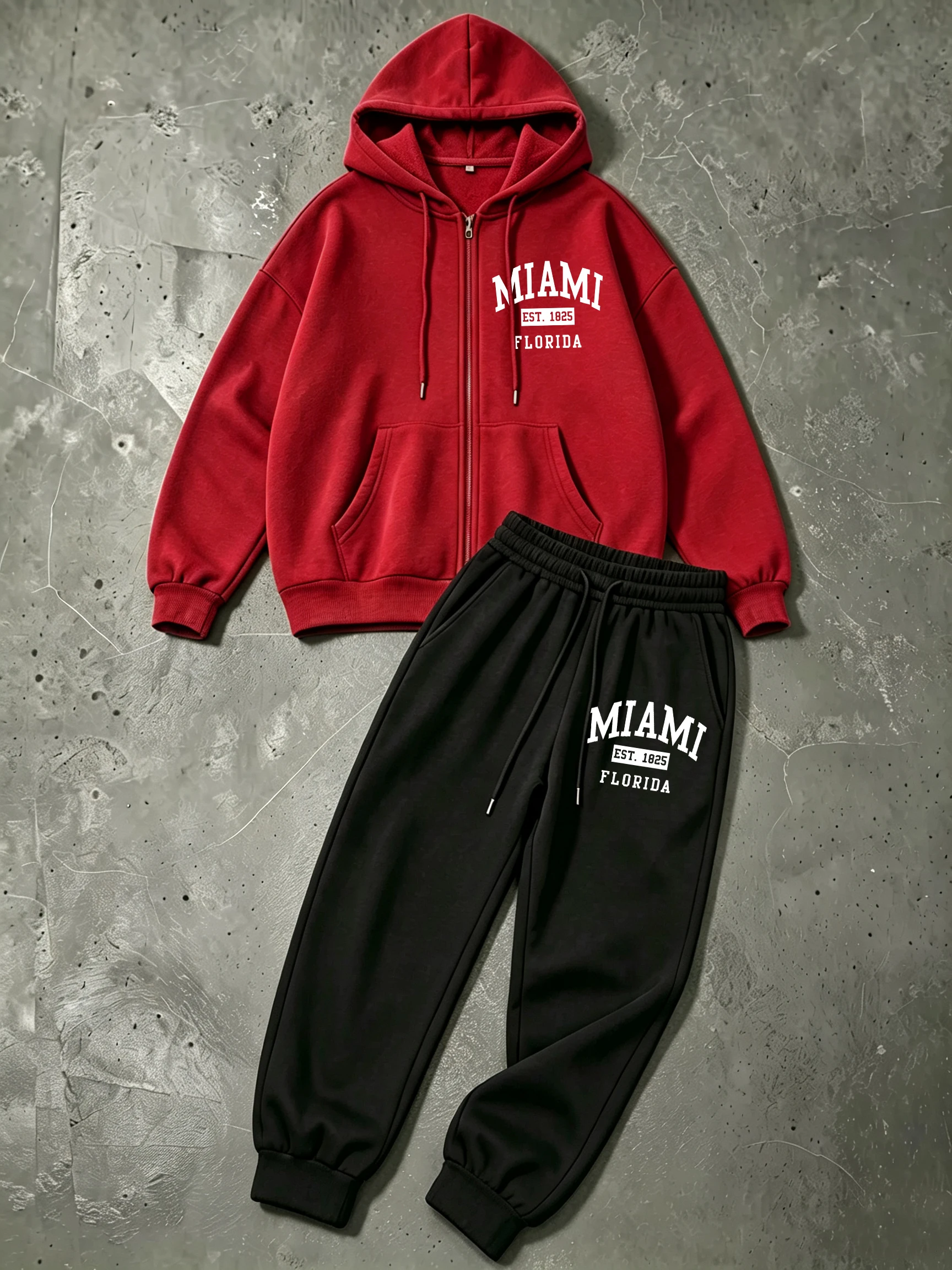 Conjunto de sudaderas con capucha con cremallera y pantalones de chándal de forro polar para hombre, con estampado de letras de arte urbano 'Miami Est 1825', estilo coreano holgado, para gimnasio, con bolsillos, para otoño.