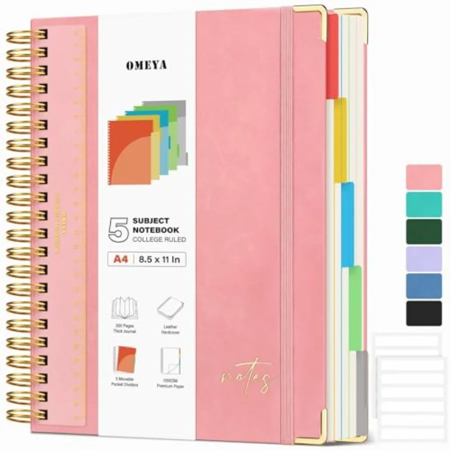 

Hardcover Spiral Notebook 8.5" x 11": Leather 5 Subject Notebooks College Ruled with Pocket Dividers and Ruler, 300 Pages 100GS