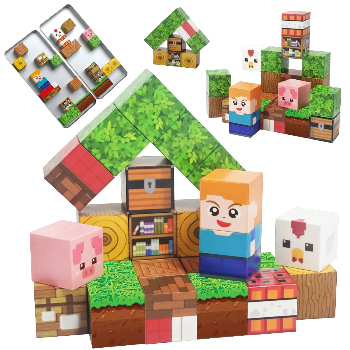 مجموعة مكعبات مغناطيسية من صندوق حديد، مكعبات بناء مغناطيسية، ألعاب ألغاز، مناسبة كهدية عيد الميلاد والهالوين