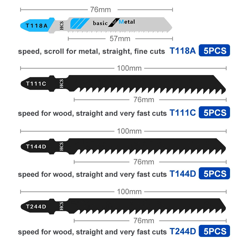 CMCP 20 قطعة مجموعة شفرات المنشار T-Shaft HCS شفرات المنشار المتنوعة للخشب والبلاستيك المعادن قطع T111C T118A T144D T244D #6