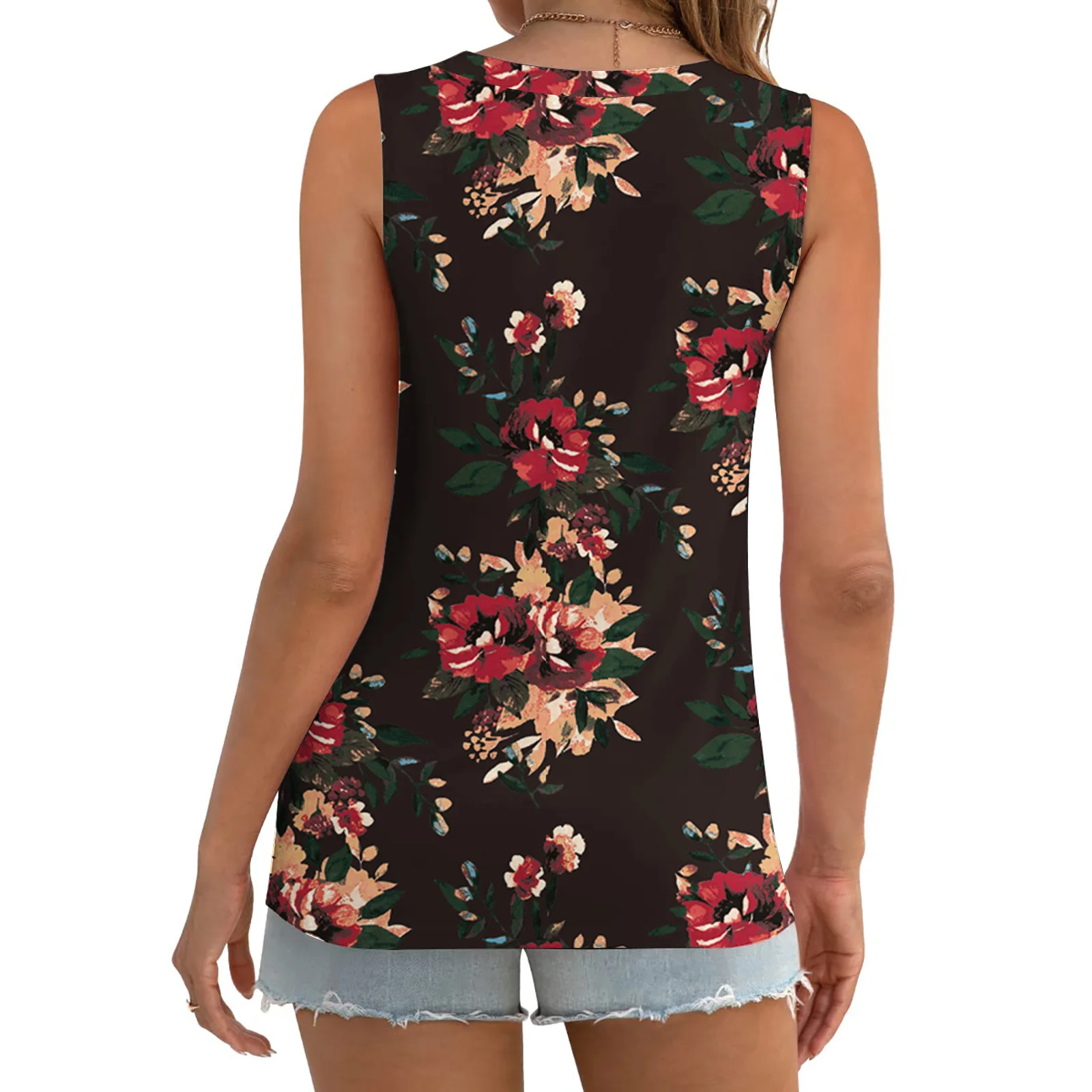 Débardeur sans manches pour femmes, Base noire, imprimé Floral vibrant, col rond, ourlet torsadé, coupe décontractée, mode quotidienne