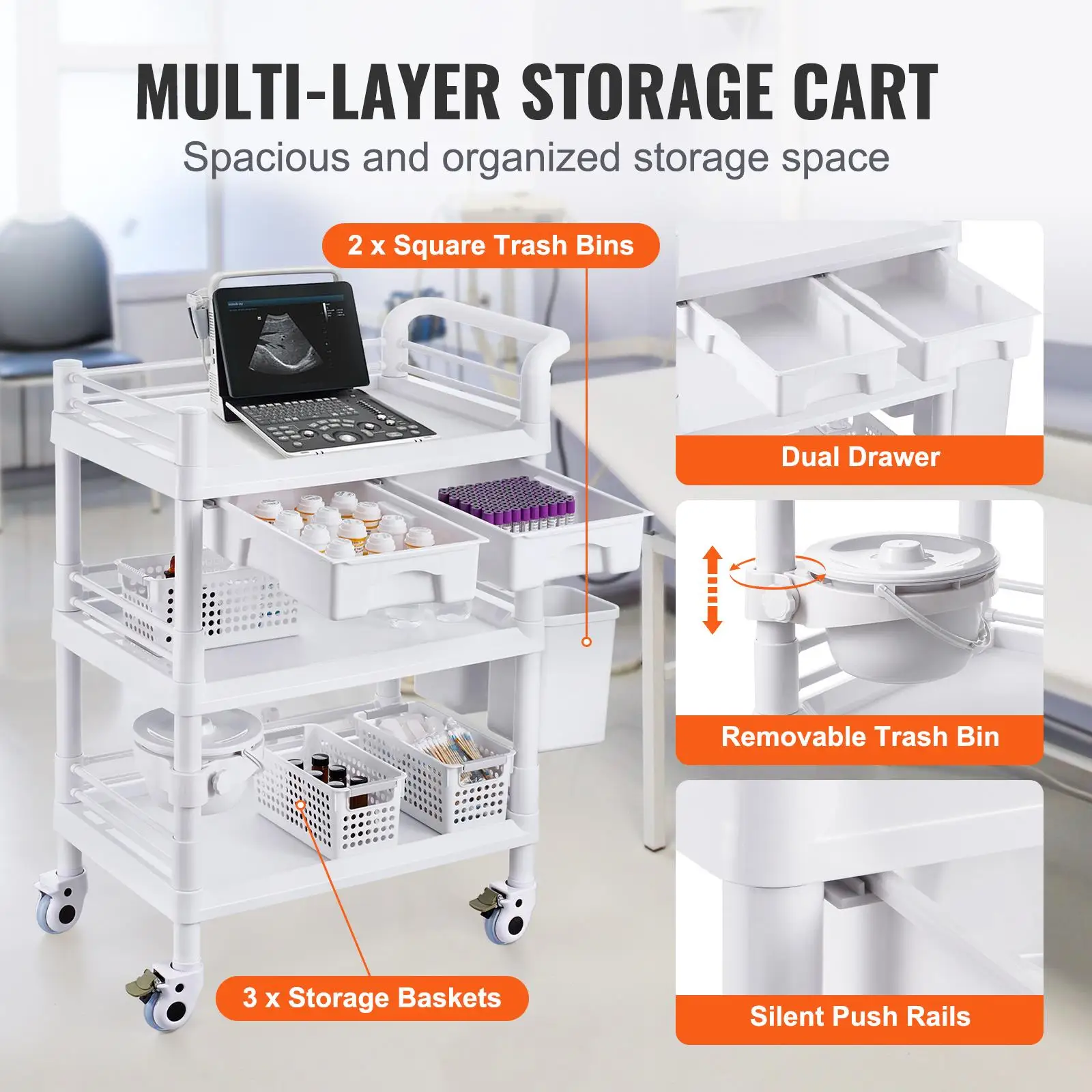 3 Tier Mobile for lab Utility Cart with 3 Trays 4 Silent Wheels and 3 Trash Bins PP Rolling Storage Trolley for Clinic Hospital Salon White