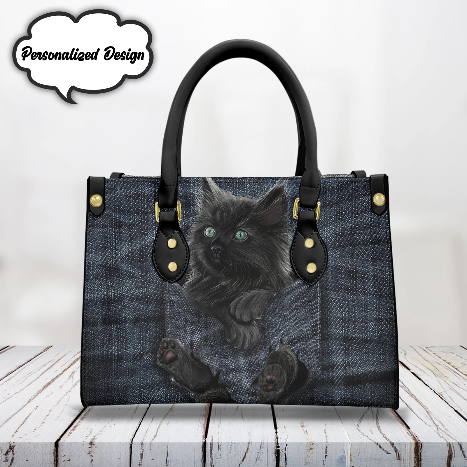 Cute Pocket Cat Pattern Handbag for Ladies Girls Premium Leather Outdoor Portable Commuting Tote Bags Double Shoulder Strap Bag