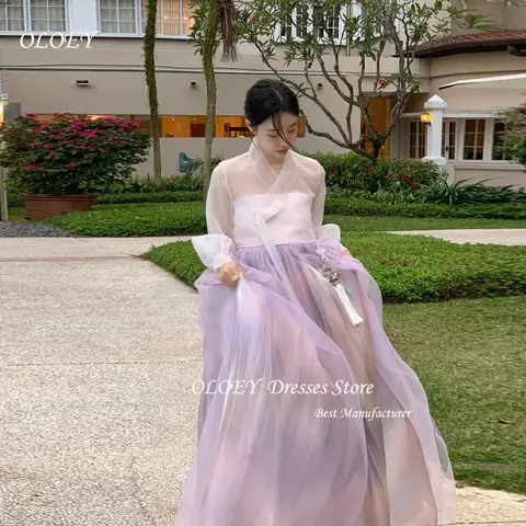 OLOEY 우아한 라벤더 라인 한복 긴 소매 v 넥 웨딩 드레스 한국 PhotoShoot 신부 가운 맞춤형 공식 파티
