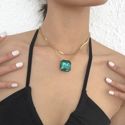 Vintage Fashion Gold-plate Snake Chain Necklace For Women Female Multilevel Green Large Square Crystal Pendant Jewelry Gfit