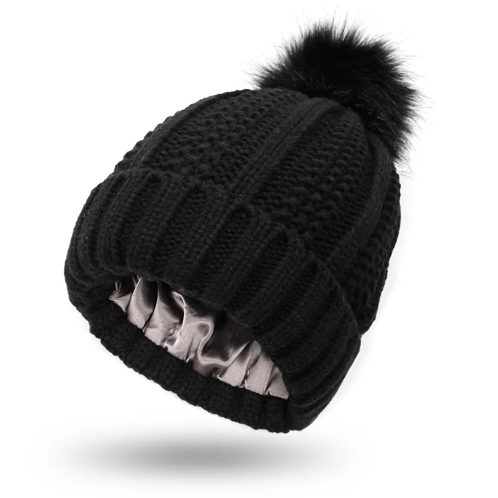 Satin Lined Winter Hat Beanie For Women Men, Knitted Wool Crochet Cap With Fashion Fur Ball Pompom Winter Stretchy Warm Hat