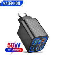 50W 6 Ports Fast Charger USB Type C PD Quick Charge 3.0 Adapter For iPhone Samsung Oneplus Cellphones Xiaomi Wall Adapter