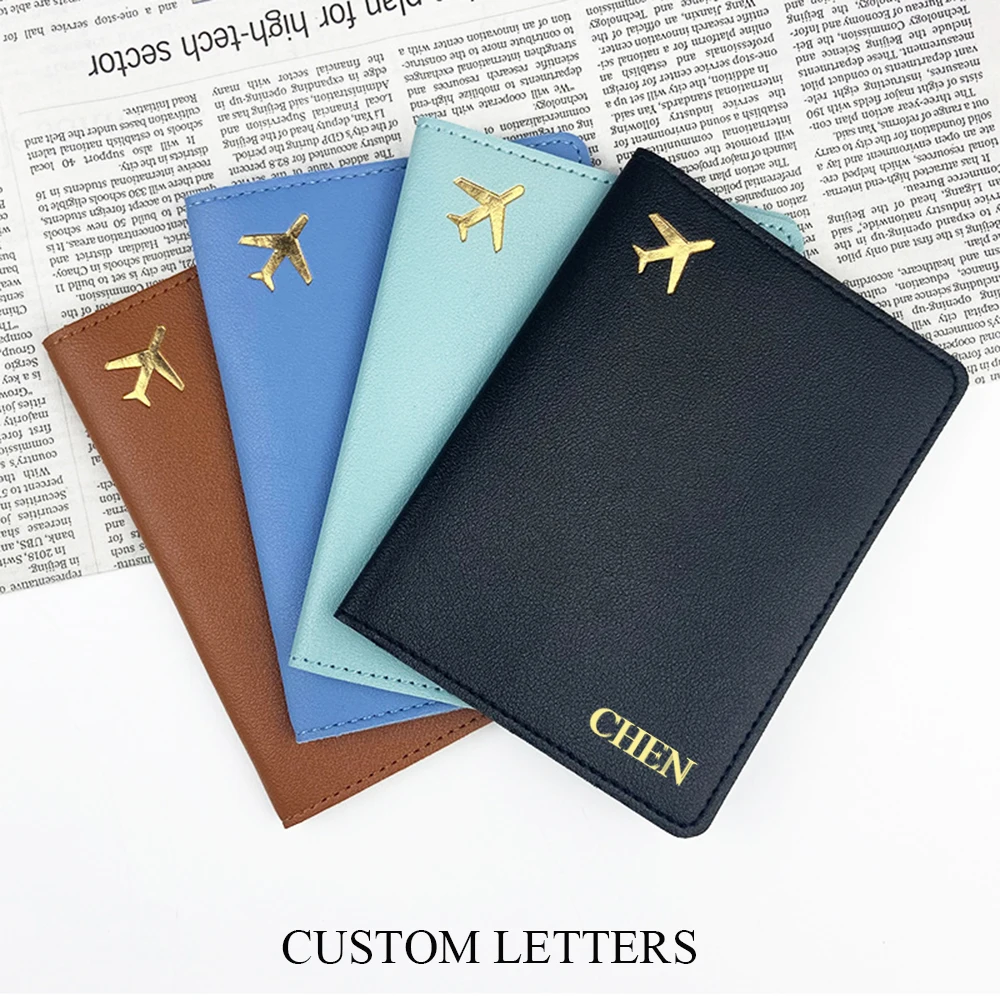 Personalize Initials Passport Holder Gold Airplane Travel Accessory Cover Custom Name Wedding  Gift Company Logo Passport Sleeve