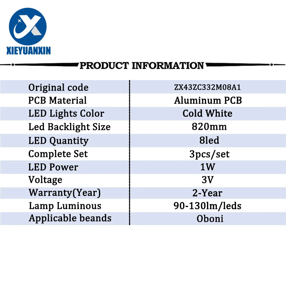 Bande Led pour rétro-éclairage Tv, 3 pièces, 820mm, pour Oboni, 43 pouces, 8 lampes, 43T8S 43G31, ONC18TV00, ONC18TV001