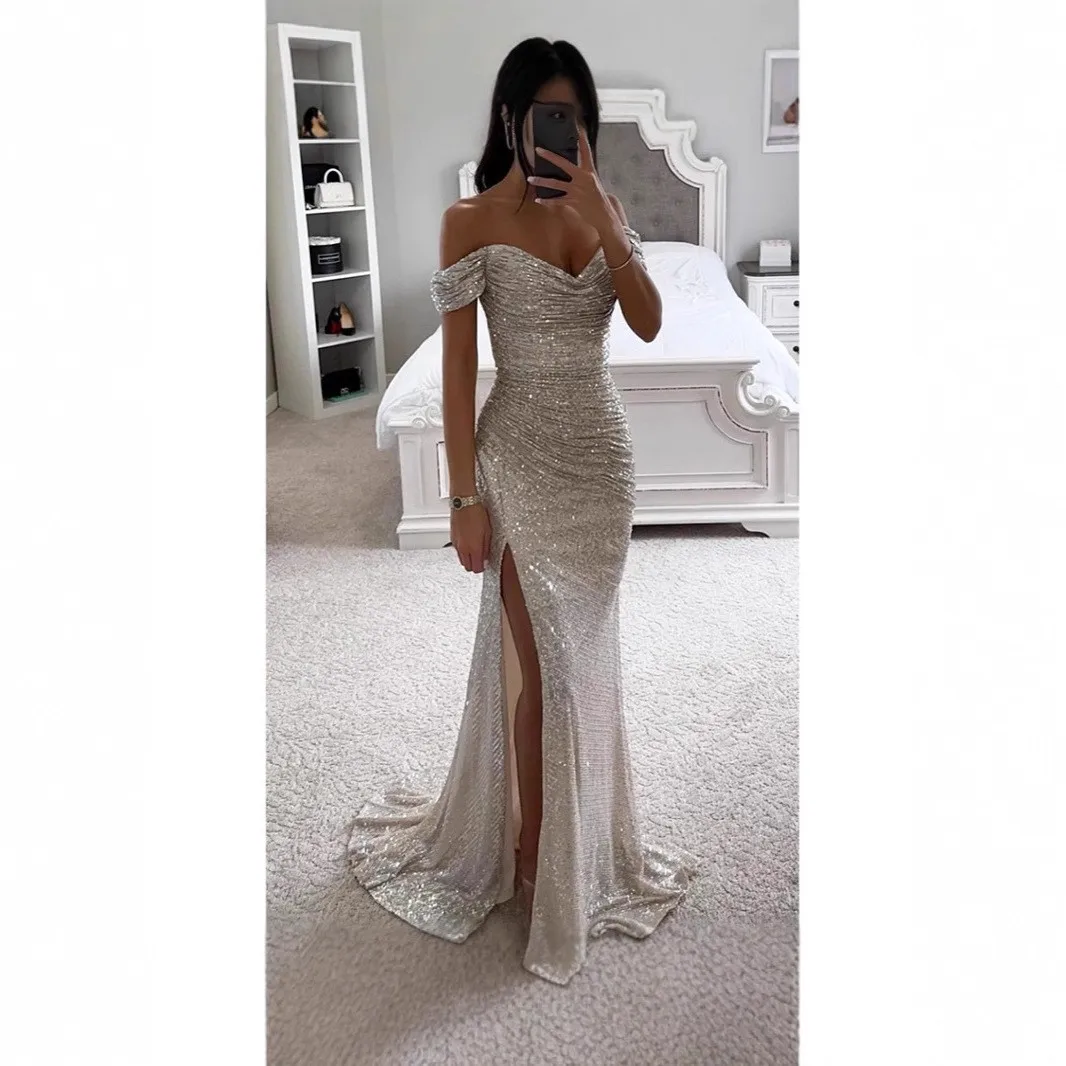 Prom Dress Women Party Long Tube Top Sequin Dresses Elegant Party Off Shoulder Slit Evening Dress Luxury Party Mermaid Gala