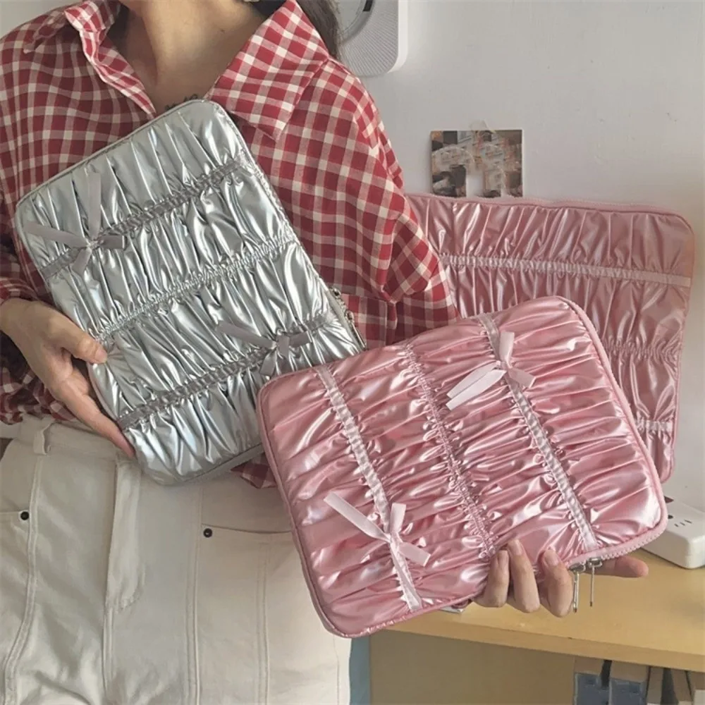 

Computer Cover Pleated Portable Laptop Bags Bow Waterproof Laptop Case Dual Zipper Soft Material Notebook Sleeve Women's Bag