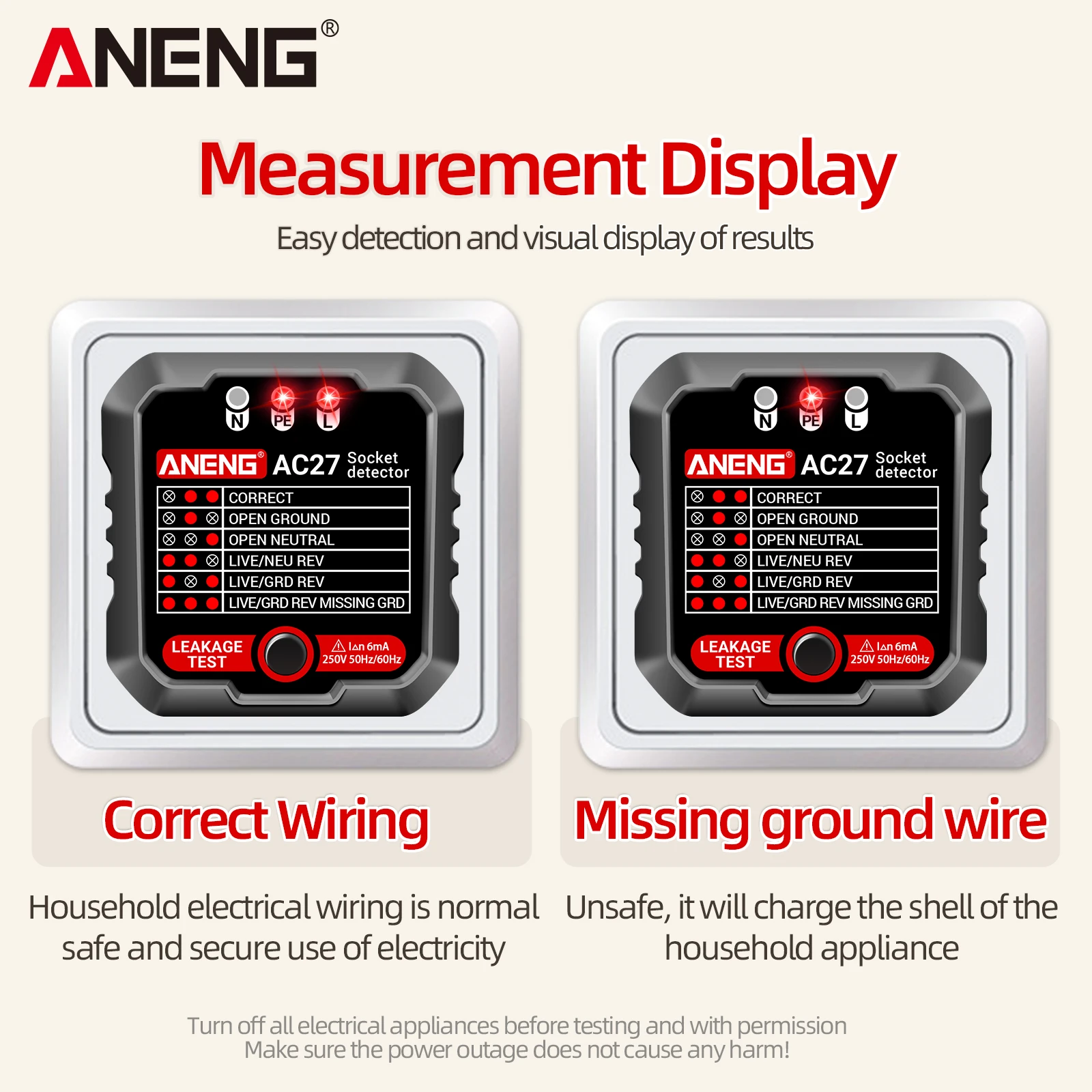 ANENG AC27 Smart Socket Tester EU/US Plug Polarity Phase Check Voltage Detector Test Electroscope Meter Circuit Breaker Finder