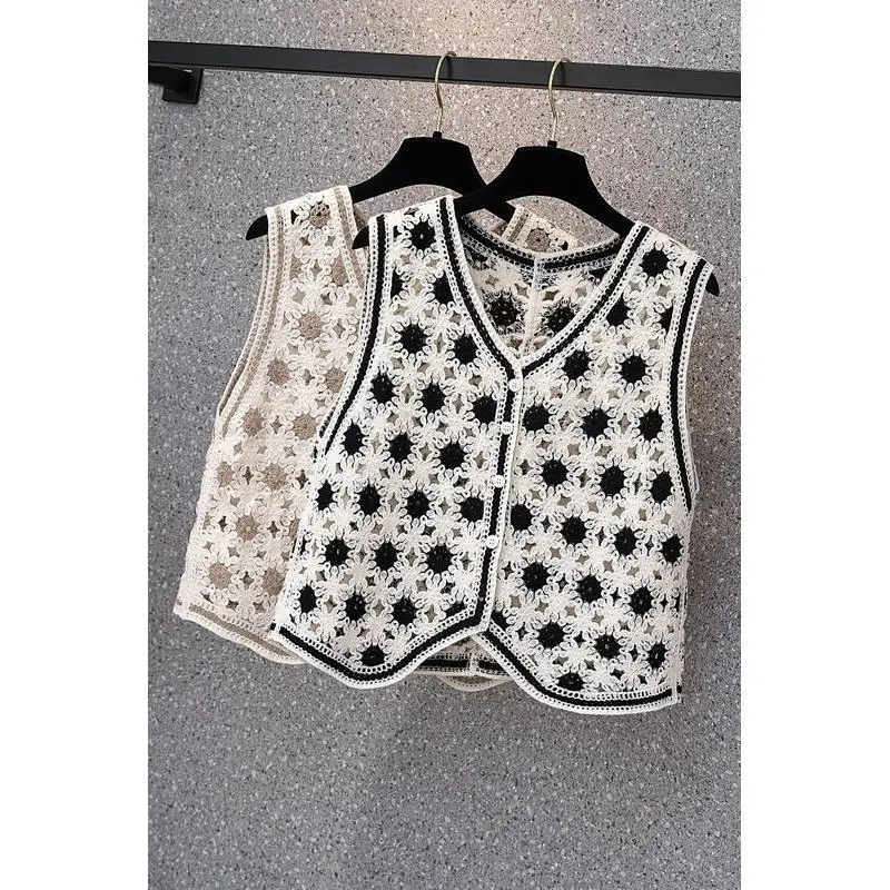 Crochet Hollow Knitted Vest Spring Summer 2023 New Retro Ethnic Style Vest Tank Top Women