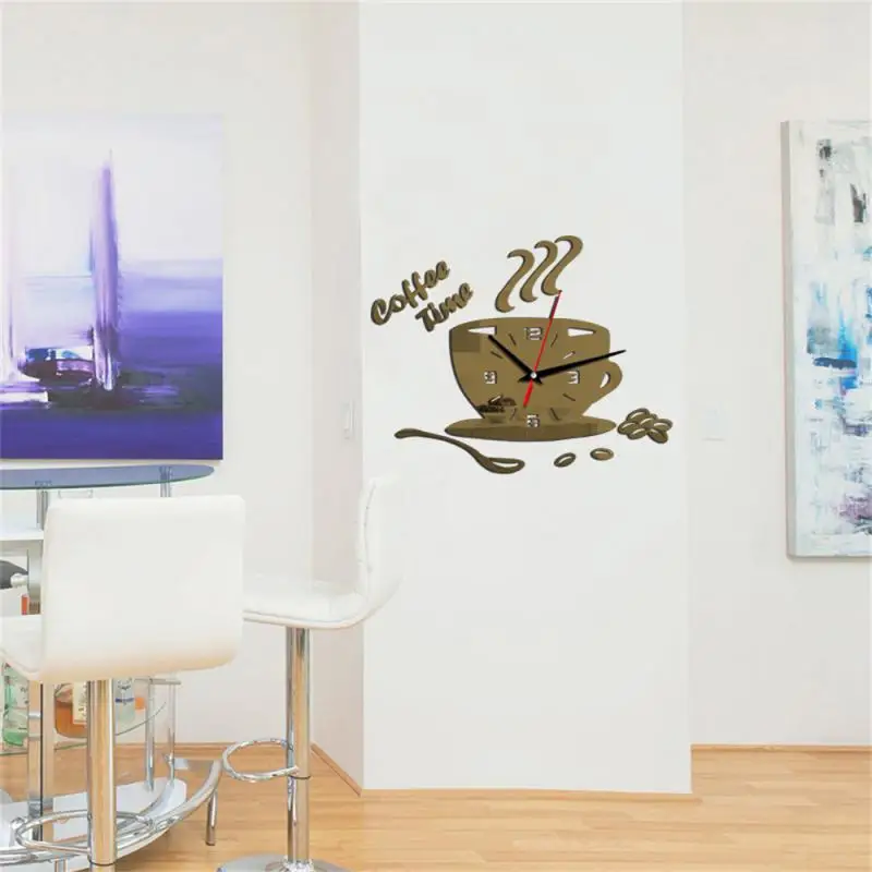 Acrylic Coffee Cup Wall Sticker Clock Acrylic Mirror Wall Clock Home Decoration No Trace Simple Home Decoration Clock Decoration