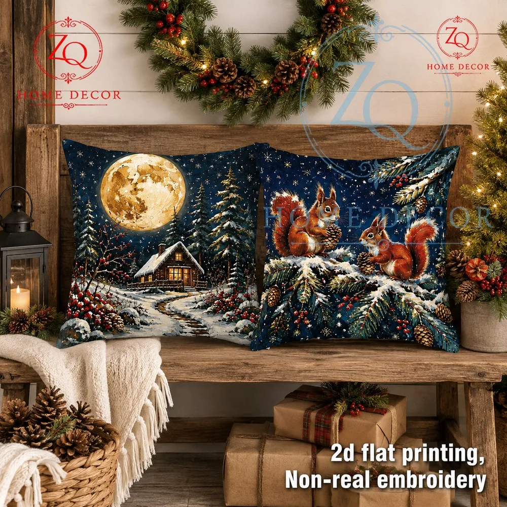 Christmas winter moonlit night cabin pillowcase warm brown pine branches  red squirrel ambiance enhances