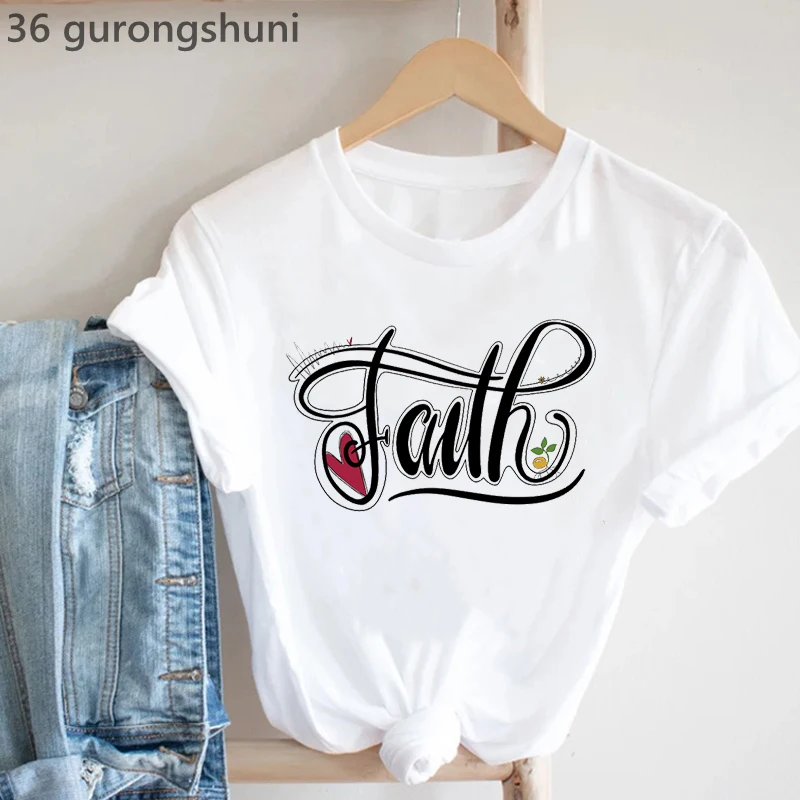 Camiseta con estampado de flores de fe para mujer, camiseta informal blanca para mujer, camiseta de manga corta para mujer, camiseta Harajuku para mujer 2022