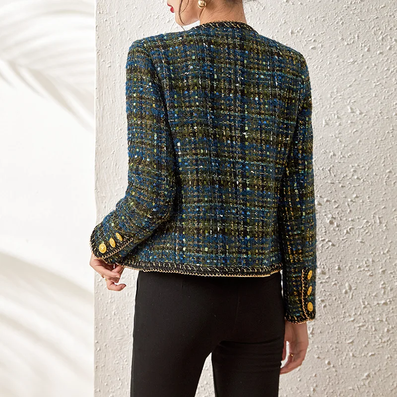 

! French temperament celebrity luxury blue and green contrasting colors small fragrant tweed short coat woman