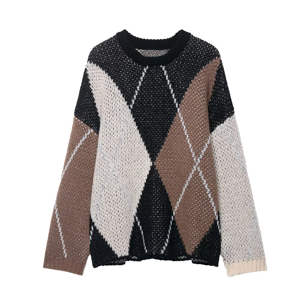 2025 겨울 신상 여성 패션 캐주얼 다용도 루즈 라운드넥 긴팔 풀오버 다이아몬드 패턴 니트 스웨터