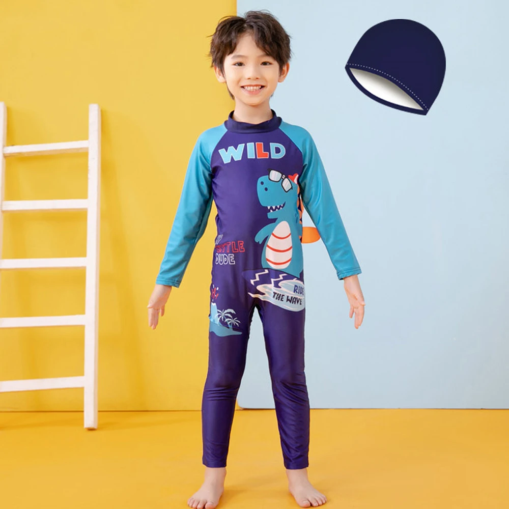 Kids One Piece Long Sleeve Swimwear With Swim Cap Dinosaur Sun Protection Full Length Boys Bathing Suit Pool Water Park Costume