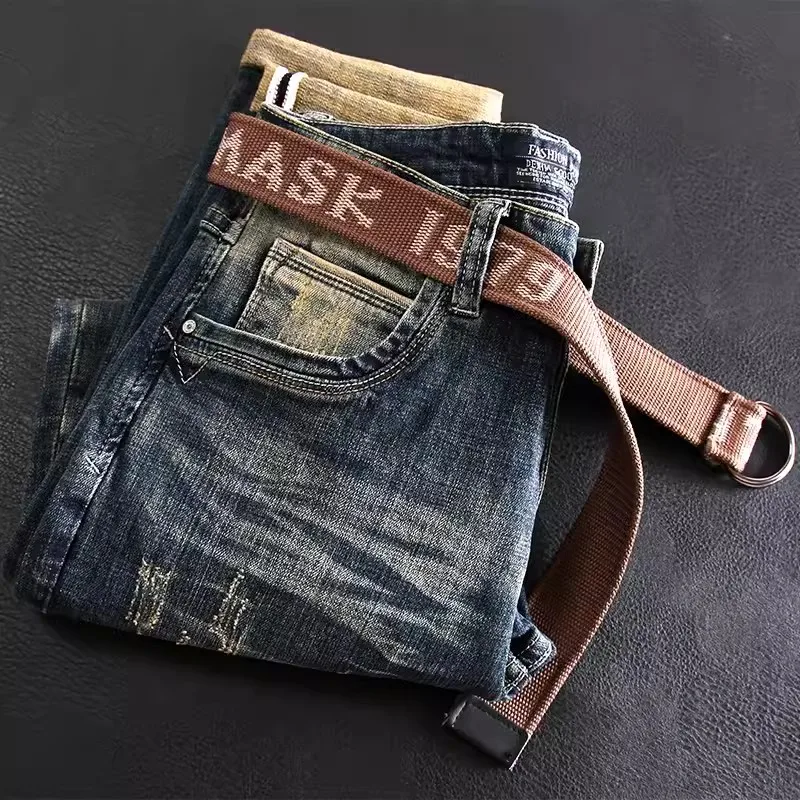 Fashion Designer Men Jeans Retro Washed Blue Stretch Slim Fit Ripped Jeans Men Classical Trendy Trousers Vintage Denim Pants