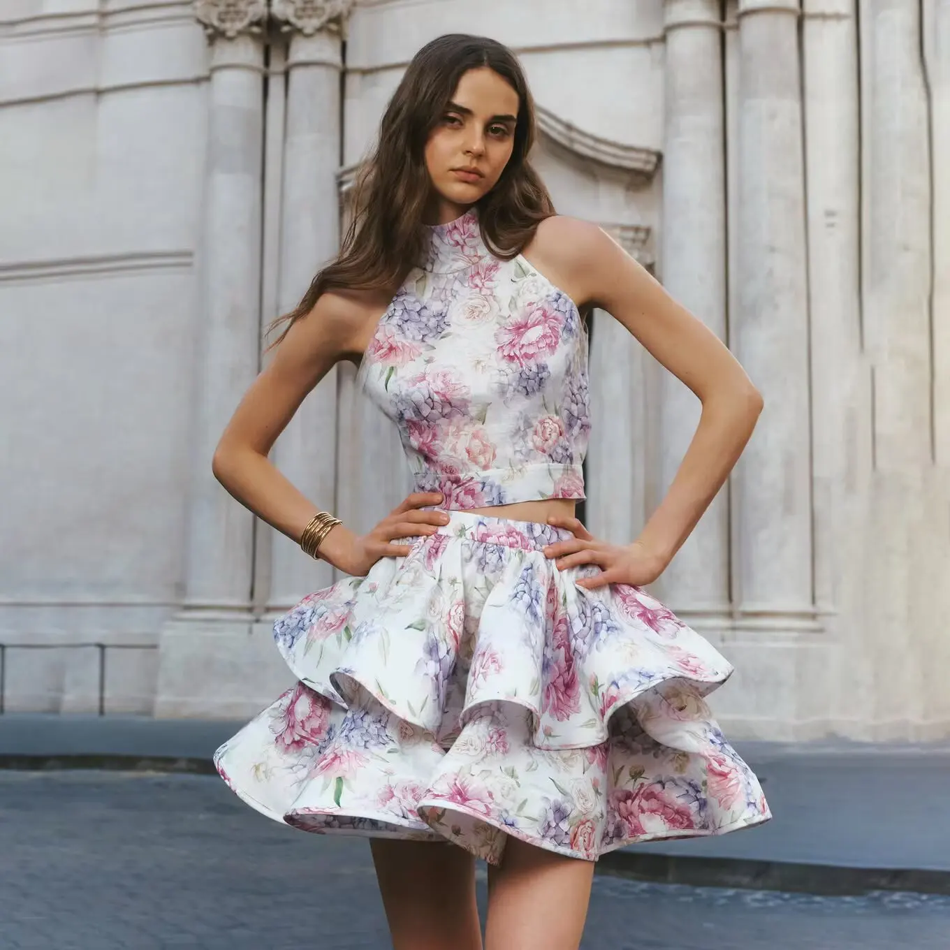 French Floral Chic Summer Dresses Set Women Pink Print Halter Backless Sleeveless Tierred Skirt Holiday Party Ladies 2 Piece Set