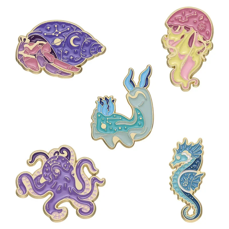 Cartoon Marine Animal Series Brooch Creative Cute Octopus Hermit Crab Seahorse Jellyfish Shaped Metal Badge Brooches for Women