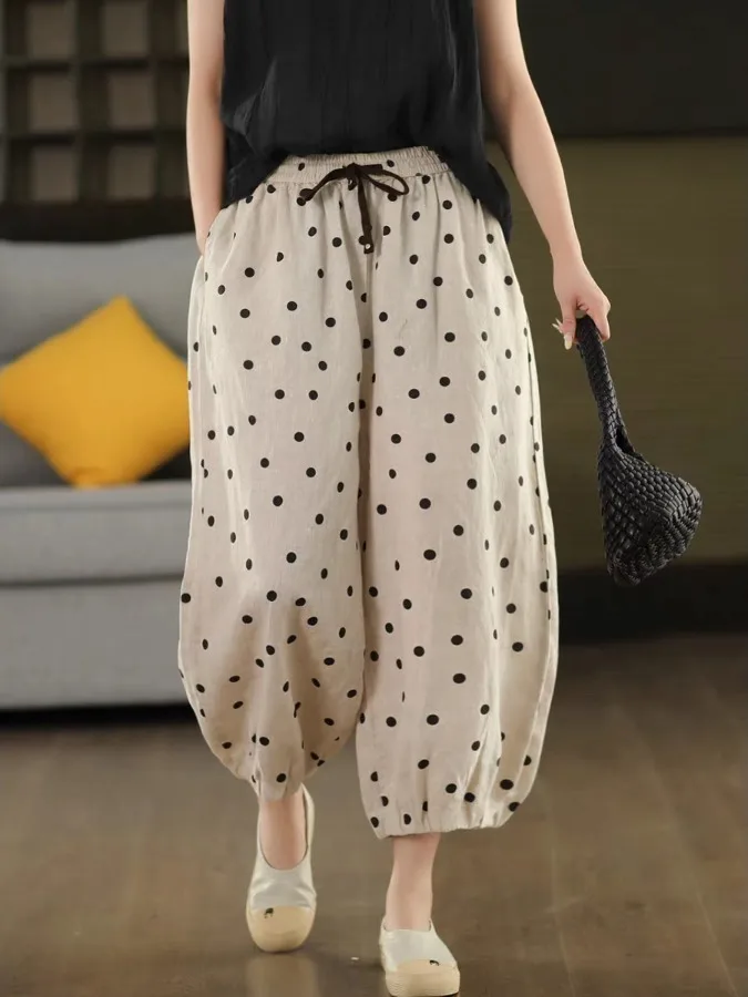 Retro-Farbe, gewebtes Punkt-Leinen-Laternenhose, Damen-Hose mit Gürtel, Siebenfuß-Hose, Sommer-Baumwoll-Leinen, gerades Bein, hohe Taille, weites Le...