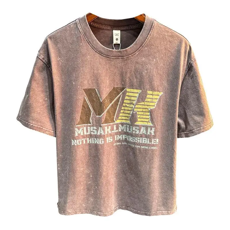 تي شيرت بأكمام قصيرة مطبوع عليه طراز ريترو للرجال في الصيف، قميص كاجوال فضفاض ثقيل الوزن نصف كم برقبة دائرية