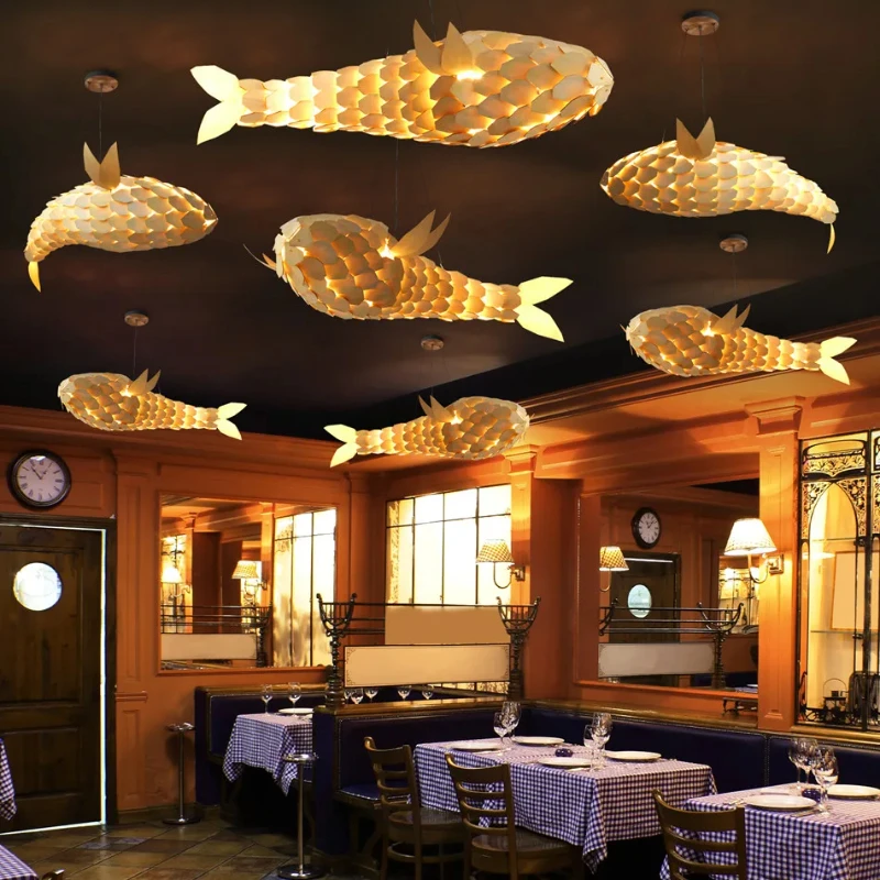 

Japanese Wooden Fish Shaped Pendant Light Vintage Wabi Sabi Hanging Light Living Dining Room Lobby Shop Hotel Decor LED Lamp