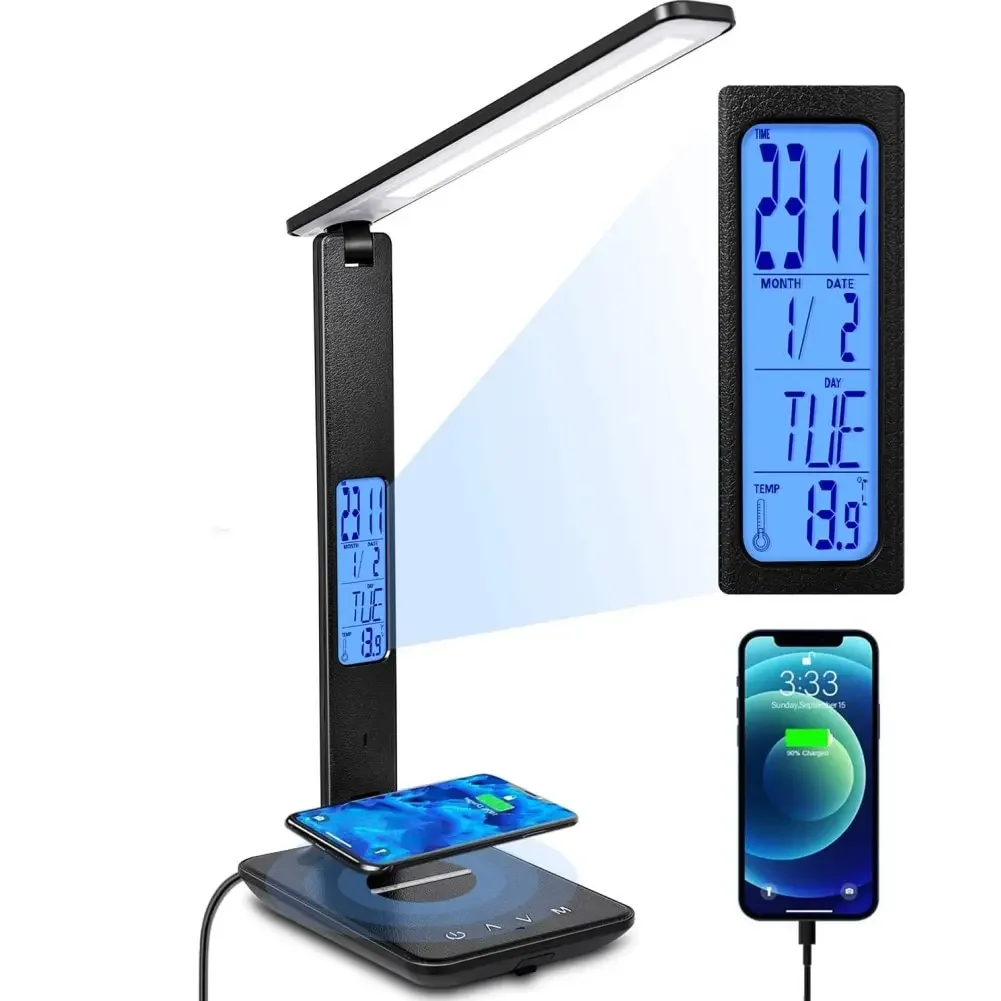 

10W Phone QI Wireless Charging LED Desk Lamp With Calendar Temperature Alarm Clock Eye Protect Study Light Reading Table Lamp