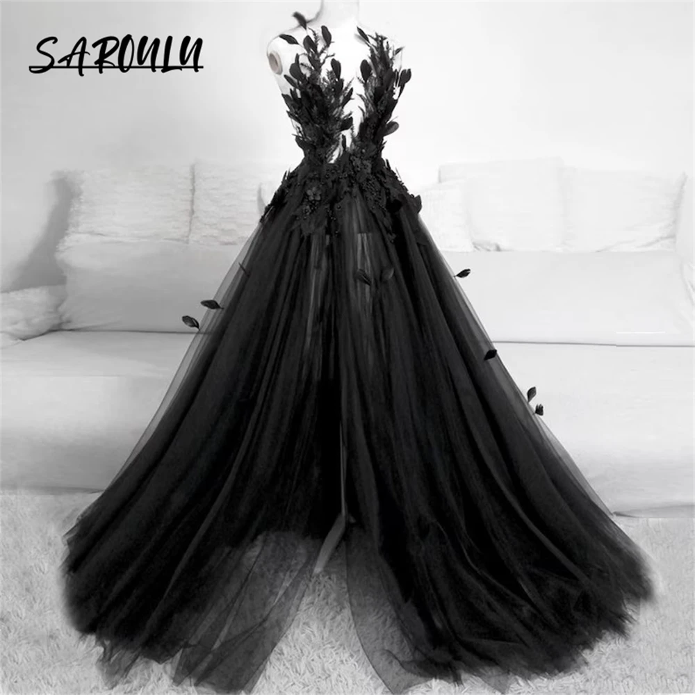 Gothic Black Wedding Dress With 3D Appliques Tulle A Line Sleeveless Bride Dresses Sexy Deep V Neck Backless Bridal Gown