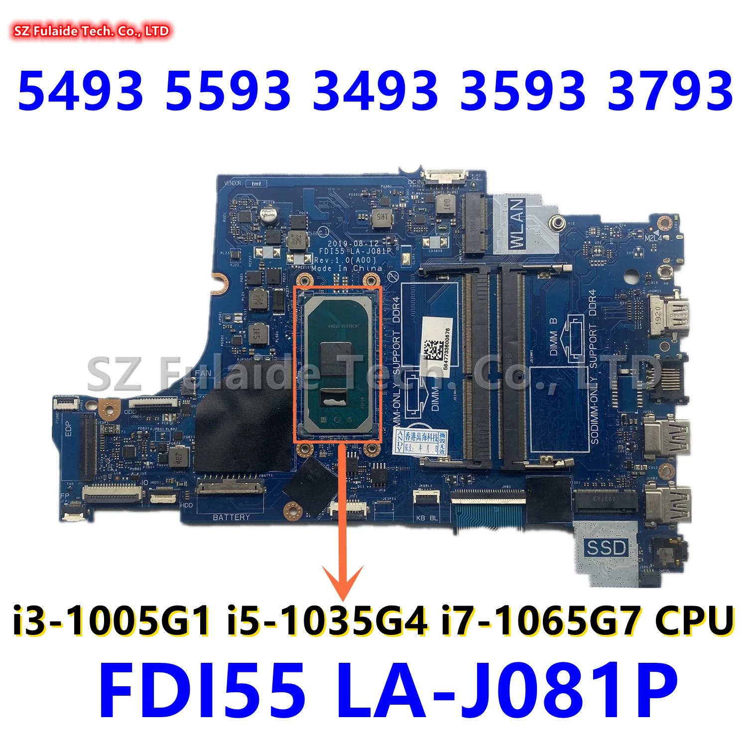 FDI55 LA-J081P For dell Inspiron 5493 5593 3493 3593 3793 Vostro 3491 3591 With i3-1005G1 i5-1035G4 i7-1065G7 CPU UMA DDR4