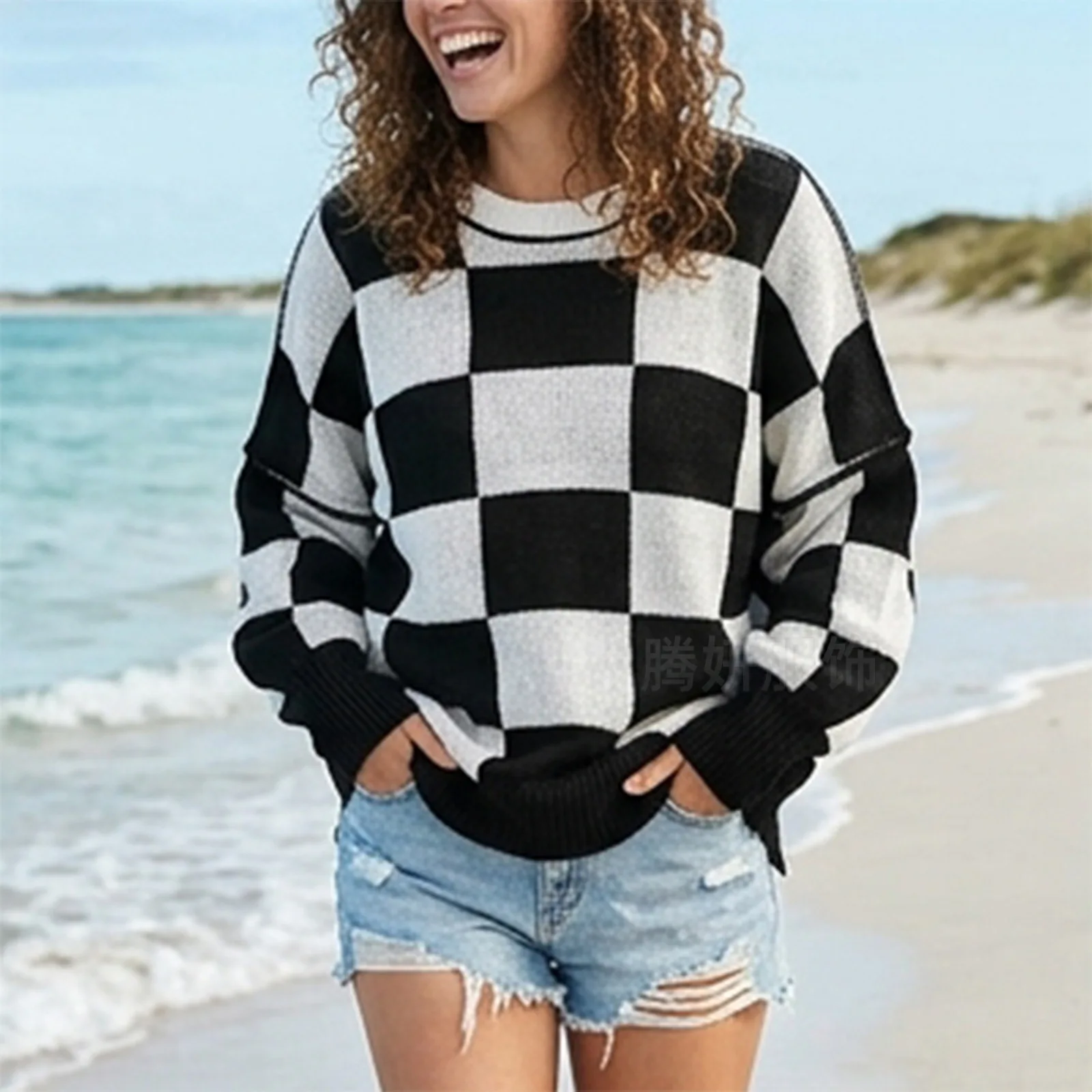 Women Tops Pullovers Plaid Sweaters Knitted Casual Loose Round Neck Full Sleeve Jumpers Y2k Streetwear Elegant Knit 2026