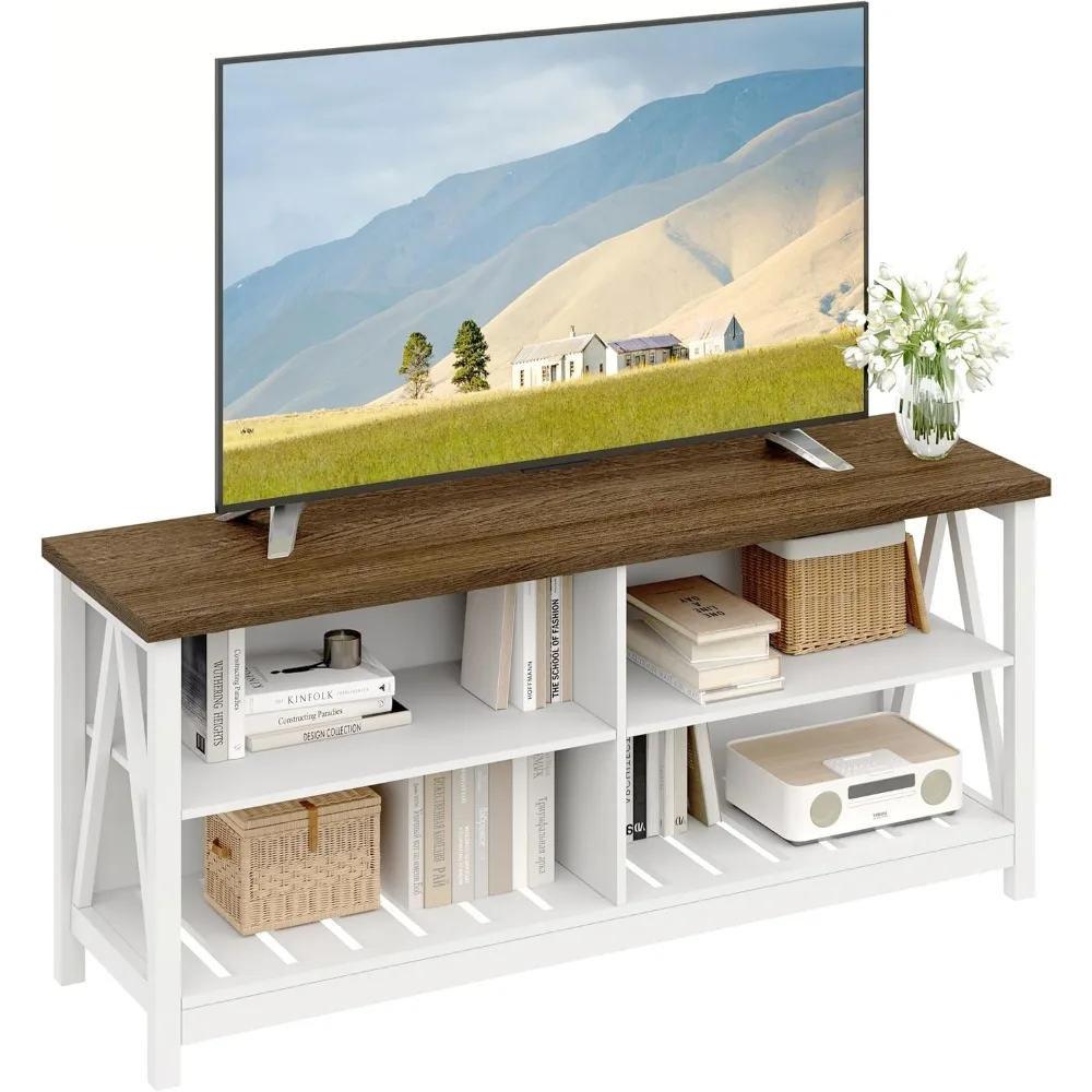 

Farmhouse TV Stand for TVs up to 55 Inch, Modern Entertainment Center with 4 Open Shelves & Built-in Cable Holes, Media