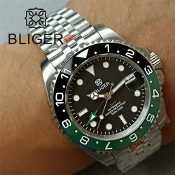 BLIGER New GMT Watch For Men NH34 Movement 40mm Case 120 Clicks Sapphire Glass Black Green Ceramic Bezle Green Luminous  Date