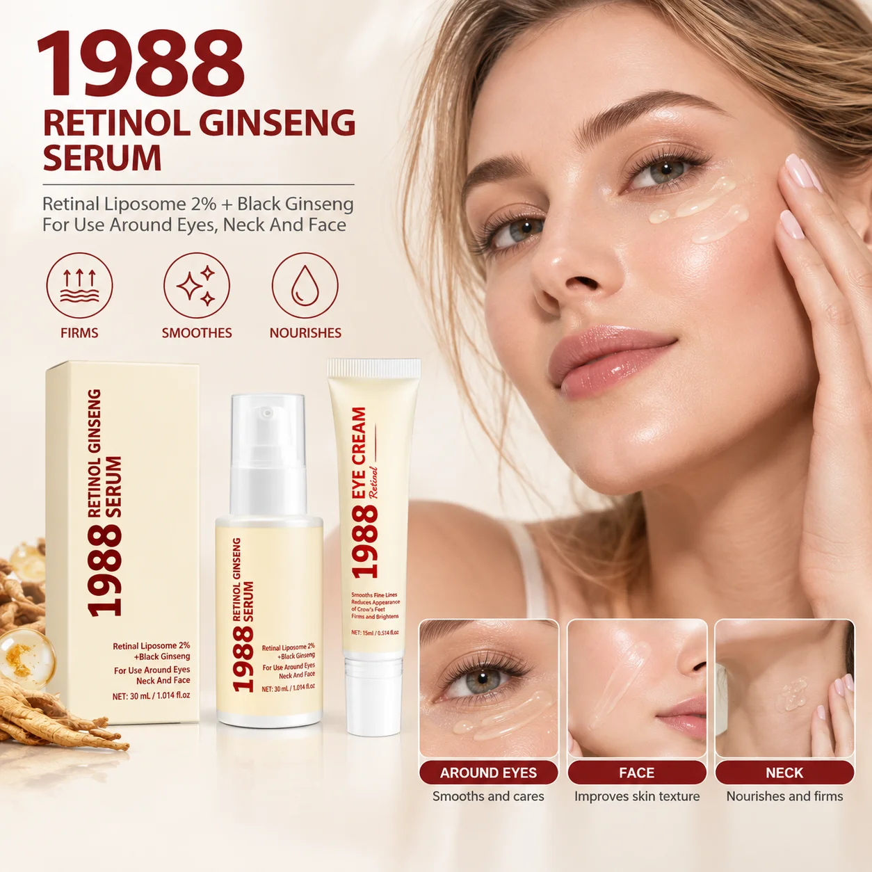 1988 Retinol Ginseng Facial Serum + Retinol Eye Cream, containing retinol liposomes and black ginseng extract, provides nourishm