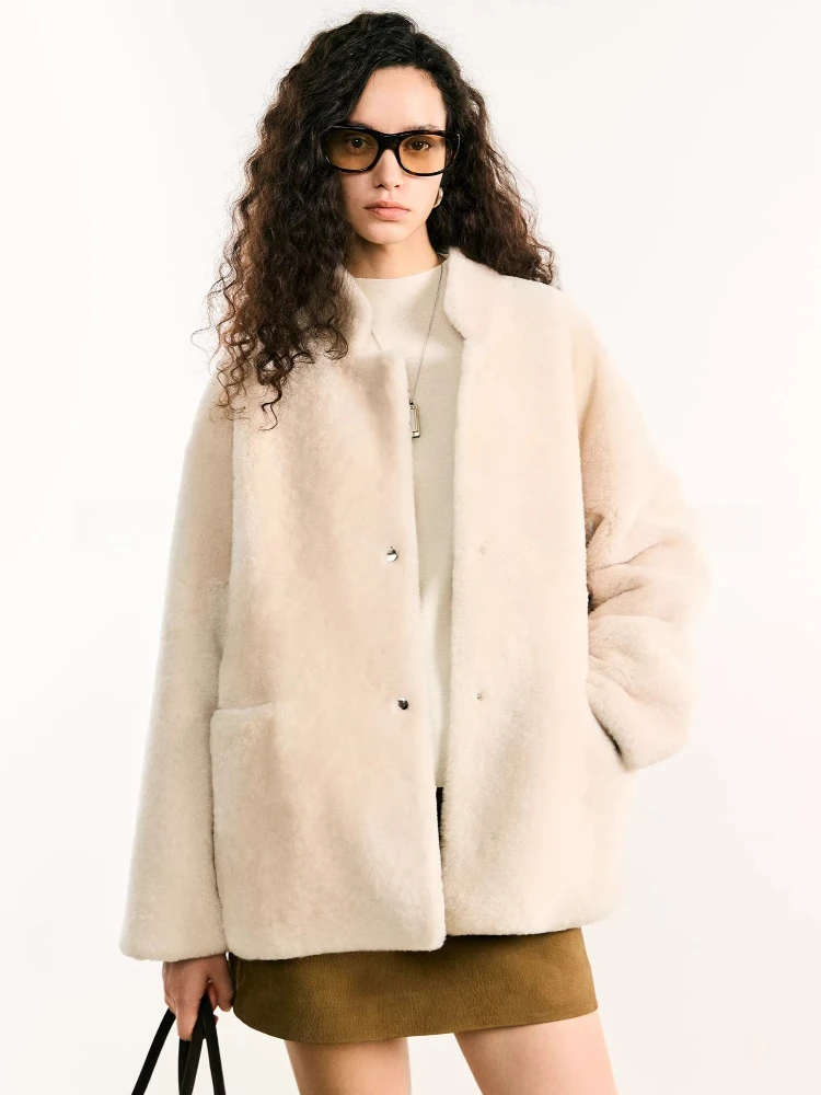 

High-end Luxury Merino Sheep Fur Plush Jackets for Women 2026 New Simple Stand Collar Loose Winter Genuine Leather Real Fur Coat