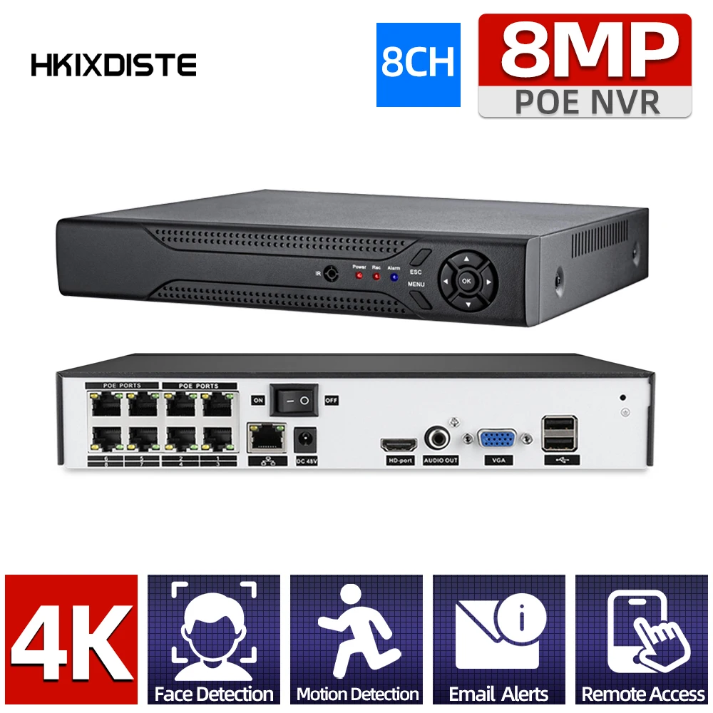 

H.265 8CH PoE Network Motion Face Detection Video Surveillance Recorder 4K PoE NVR 8Channel For HD 8MP/5MP IP Camera Email Alarm