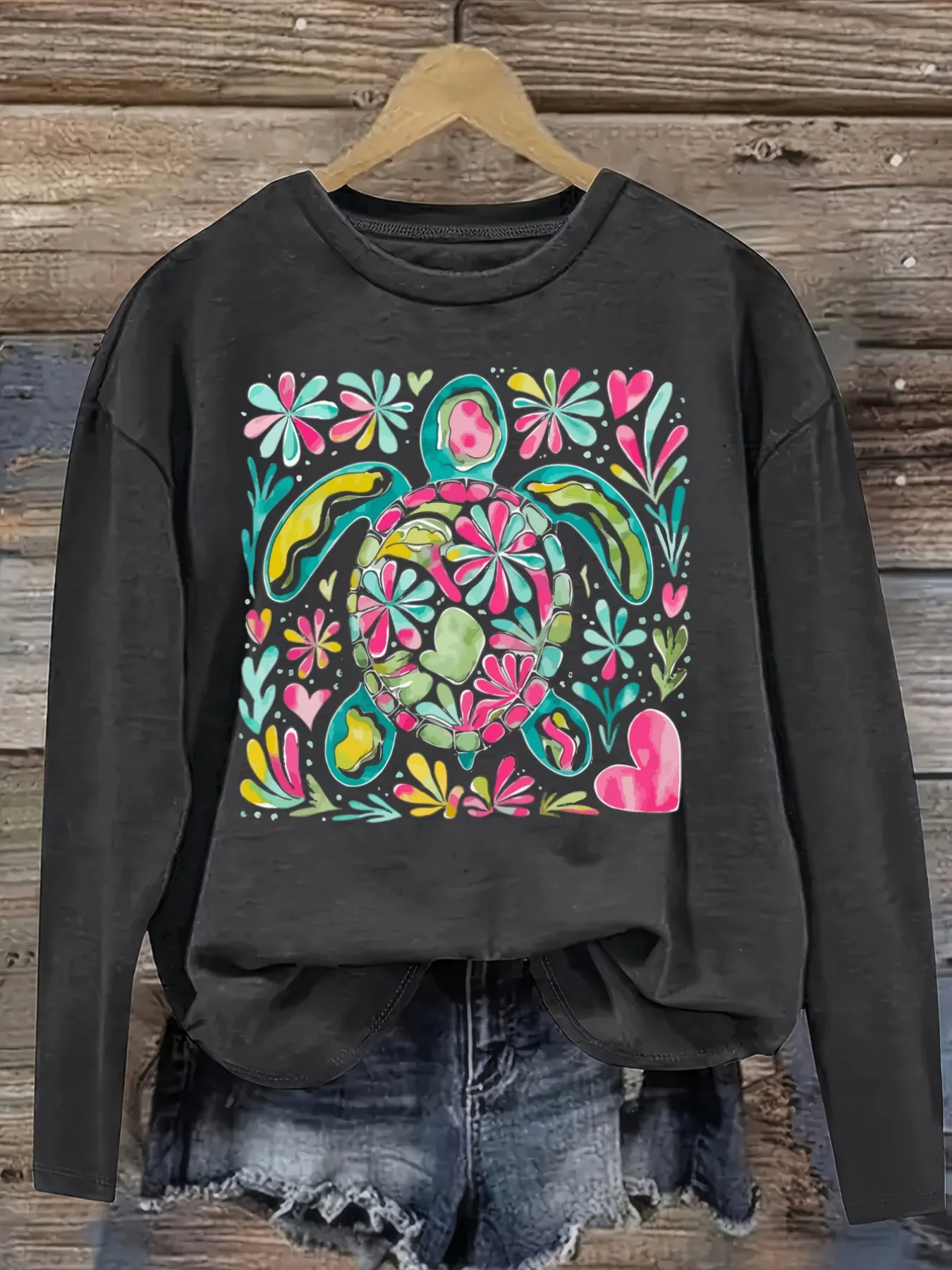 Women's Casual Long Sleeve Crew Neck T-Shirt Colorful Floral Turtle Graphic Print Design, Round Neck Women's Clothing, Machine Washable, Slightly Elastic, Loose Fit, Spring Autumn Winter Women's T-Shirt, Halloween Costume Outfit